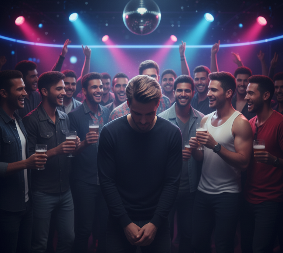 hombre gay con ansiedad social en un club