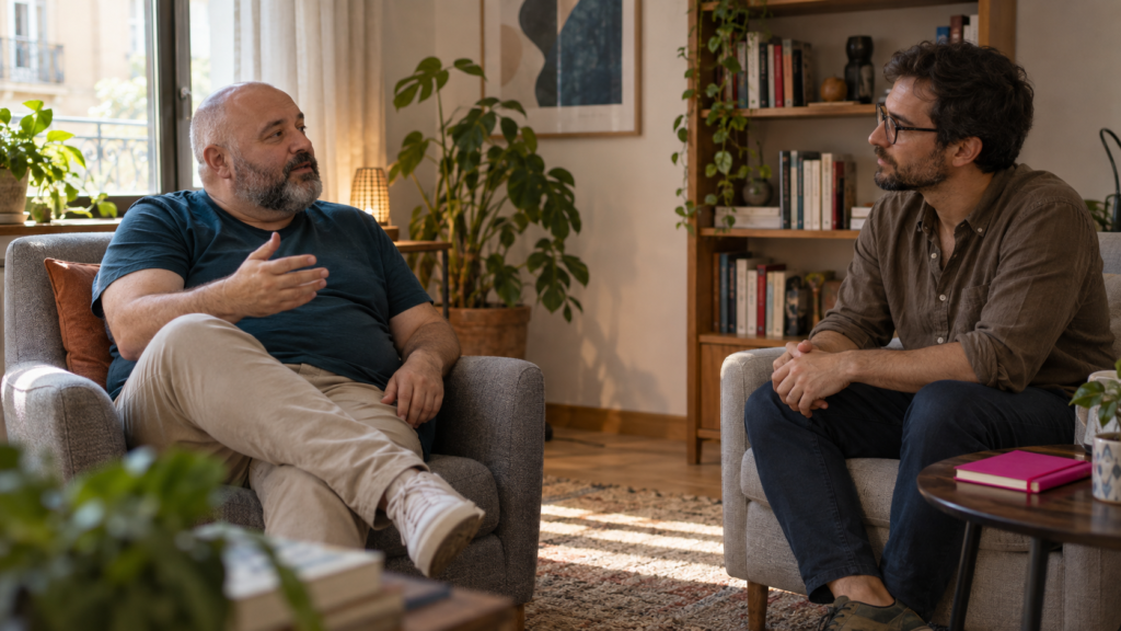 Dos hombres conversan sentados frente a frente en una consulta con luz natural