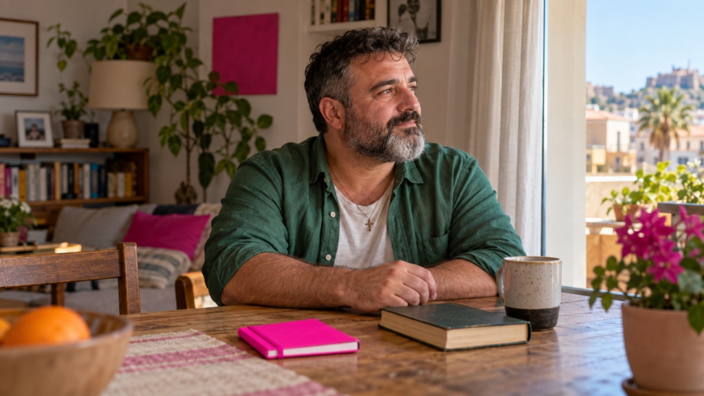 Un hombre con una pequeña cruz al cuello mira por la ventana, sentado junto a un libro y una taza