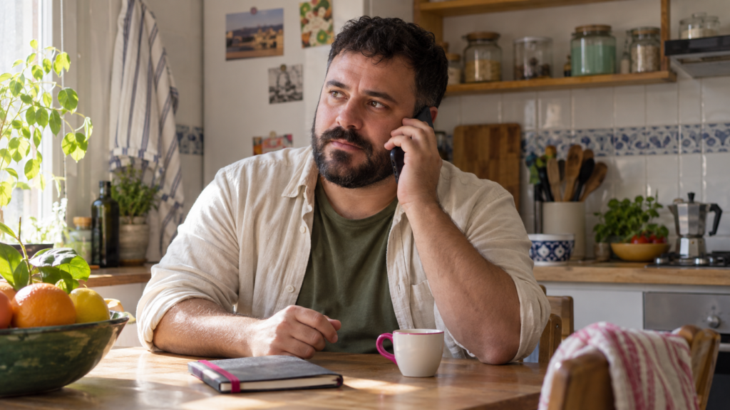 Hombre sentado en una cocina luminosa, hablando por teléfono junto a una libreta