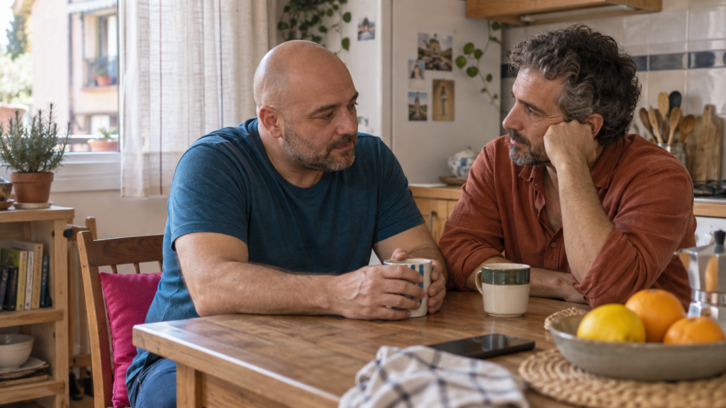 Dos hombres conversan sentados a una mesa de cocina, uno escucha con atención al otro