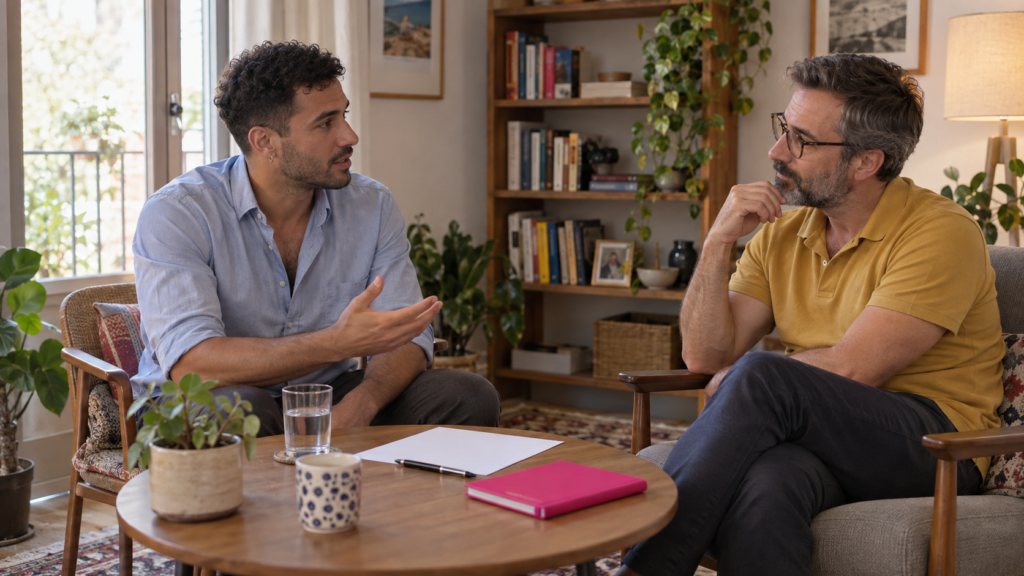 Un hombre conversa con un psicólogo en una consulta, junto a una mesa con papel y una libreta fucsia