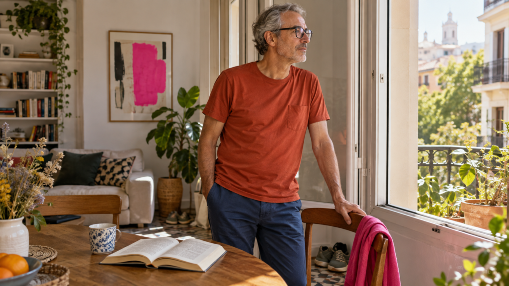 Hombre con gafas junto a una ventana abierta, con un libro sobre la mesa y luz de mediodía