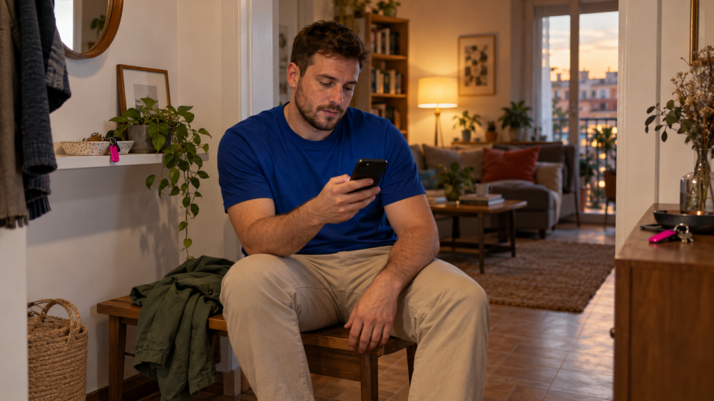 Hombre sentado en el recibidor de casa, mirando el móvil con una sobrecamisa a su lado.