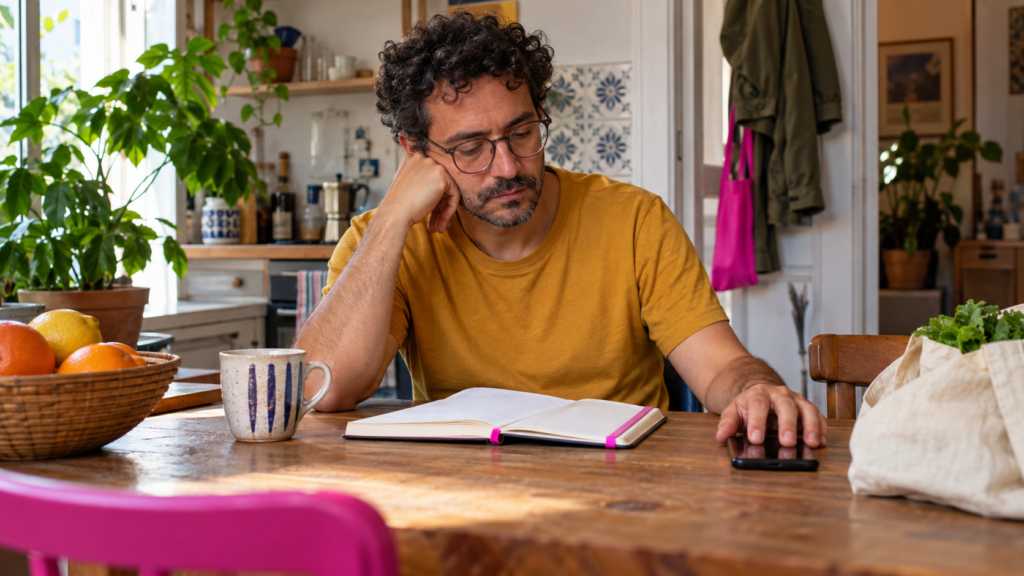 Un hombre sentado en su cocina mira un cuaderno abierto mientras deja el móvil sobre la mesa