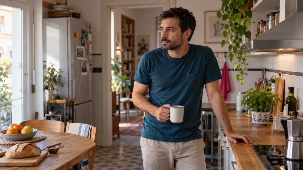 Hombre con una taza en la cocina, apoyado en la encimera y mirando pensativo hacia un lado