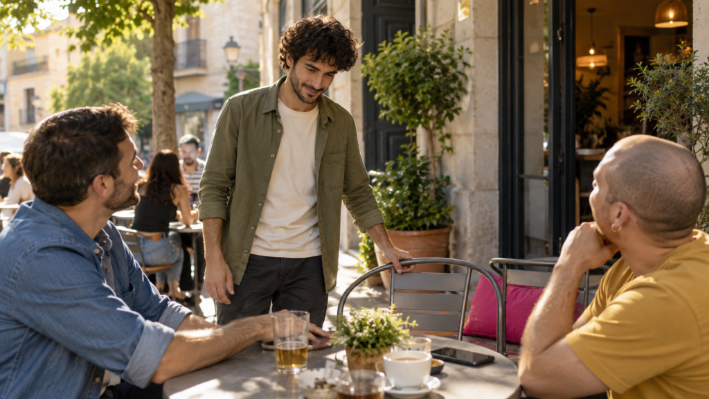 Hombre que llega a una terraza y se detiene junto a la silla antes de sentarse con dos amigos